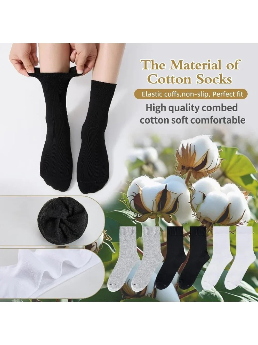 🧦Women's White Black Grey 6 Pairs Thin Above Ankle Socks Cotton Crew Socks